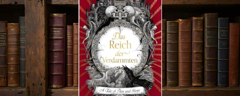 Buchcover von Das Reich der Verdammten von Jay Kristoff: Prunkvoll gestaltetes Cover mit barockem Rahmen, Totenschädeln, Engelsfiguren, Wölfen, geflügelten Pferden und einer düsteren Stadt auf blutrotem Hintergrund mit goldenen Ketten. In der Mitte der Titel in goldener Schrift, unten ein Banner mit dem englischen Untertitel ‚A Tale of Pain and Hope‘. Rechtes Eck: SPIEGEL-Bestseller-Label.
