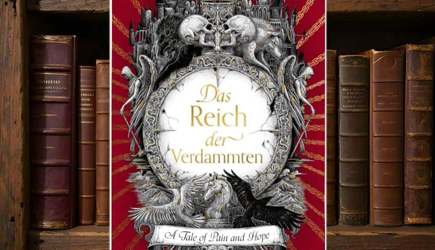 Buchcover von Das Reich der Verdammten von Jay Kristoff: Prunkvoll gestaltetes Cover mit barockem Rahmen, Totenschädeln, Engelsfiguren, Wölfen, geflügelten Pferden und einer düsteren Stadt auf blutrotem Hintergrund mit goldenen Ketten. In der Mitte der Titel in goldener Schrift, unten ein Banner mit dem englischen Untertitel ‚A Tale of Pain and Hope‘. Rechtes Eck: SPIEGEL-Bestseller-Label.