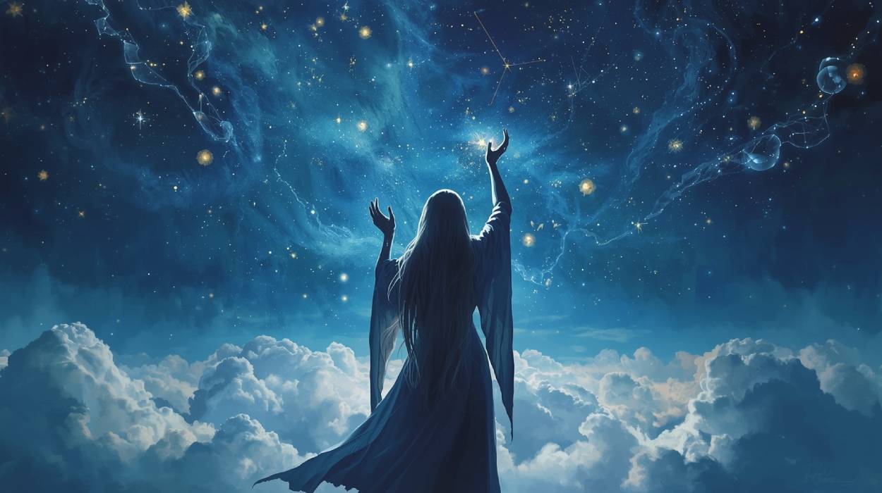 Nymera, die Wächterin des Nachthimmels: eine weibliche Gestalt mit langen Haaren und fließendem Gewand, die über den Wolken zum funkelnden Sternenhimmel emporblickt und mit erhobenen Händen die Sterne zu weben scheint – epische Fantasy-Szene.