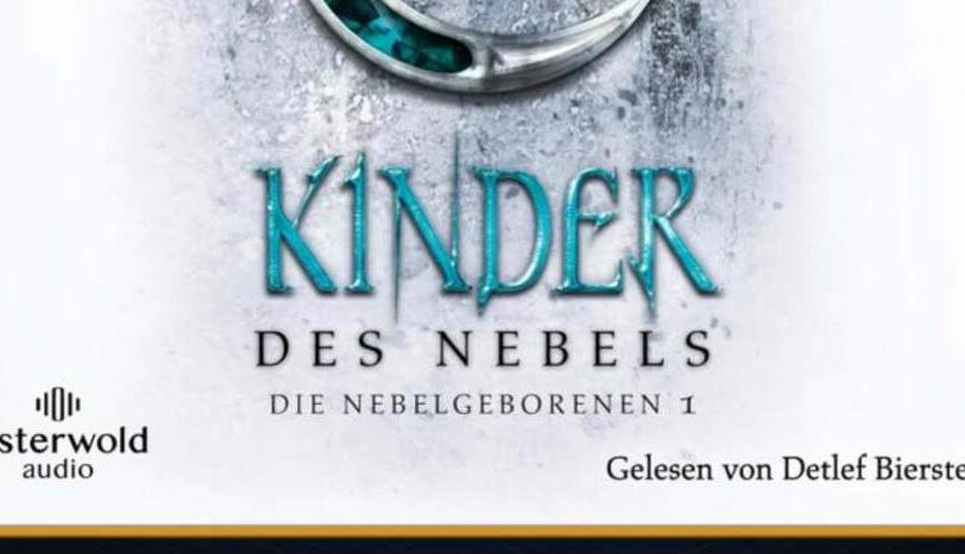 Cover des Hörbuchs „Kinder des Nebels – Die Nebelgeborenen 1“ von Brandon Sanderson. In der Mitte prangt ein silbernes, stilisiertes Allomantie-Symbol mit türkisfarbenen Einlassungen auf frostigem, nebligem Hintergrund. Der Titel ist in kühlem Türkisblau gehalten. Oben steht der Autorenname, unten rechts der Sprecherhinweis „Gelesen von Detlef Bierstedt“, unten links das Logo von Osterwold audio.
