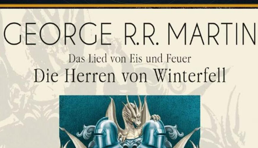 Cover des Hörbuchs „Die Herren von Winterfell“ von George R. R. Martin, erster Band der Reihe „Das Lied von Eis und Feuer“. Zentral ist ein blau-graues Wappen mit Drachen, Helmen und einer stilisierten Burg dargestellt. Oben steht der Autorenname in Großbuchstaben, darunter Titel und Reihentitel. Unten rechts das Logo von Random House Audio, unten links das mp3-Symbol. Sprecher: Reinhard Kuhnert.