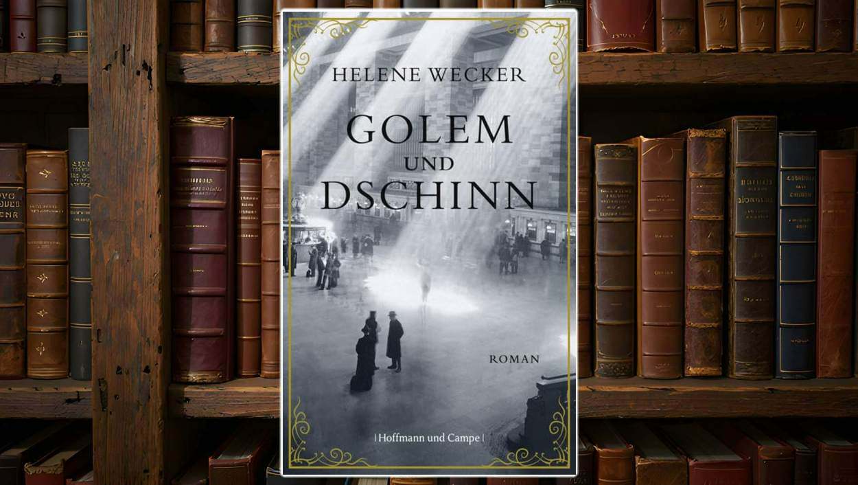 Cover des Romans „Golem und Dschinn“ von Helene Wecker: Historisierende Skyline von New York bei Nacht, darüber zwei Gestalten – eine aus Lehm, eine aus Flamme – als poetisches Motiv der Fremdheit.