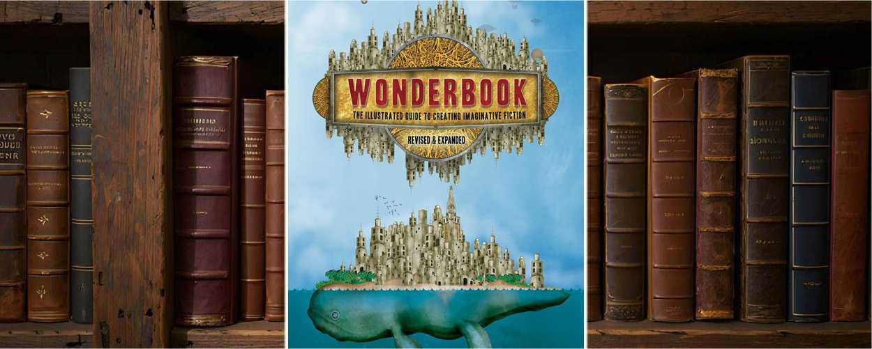 Buchcover von Wonderbook von Jeff VanderMeer: Fantastisches Artwork mit einer surrealen Stadt auf dem Rücken eines riesigen Wals, der durch das Meer schwimmt. Über der Stadt schwebt eine zweite, umgedrehte Version in der Luft, gehalten von Ballons und Luftschiffen. Der Titel erscheint zentral in gold-rotem Banner: ‚Wonderbook – The Illustrated Guide to Creating Imaginative Fiction‘.