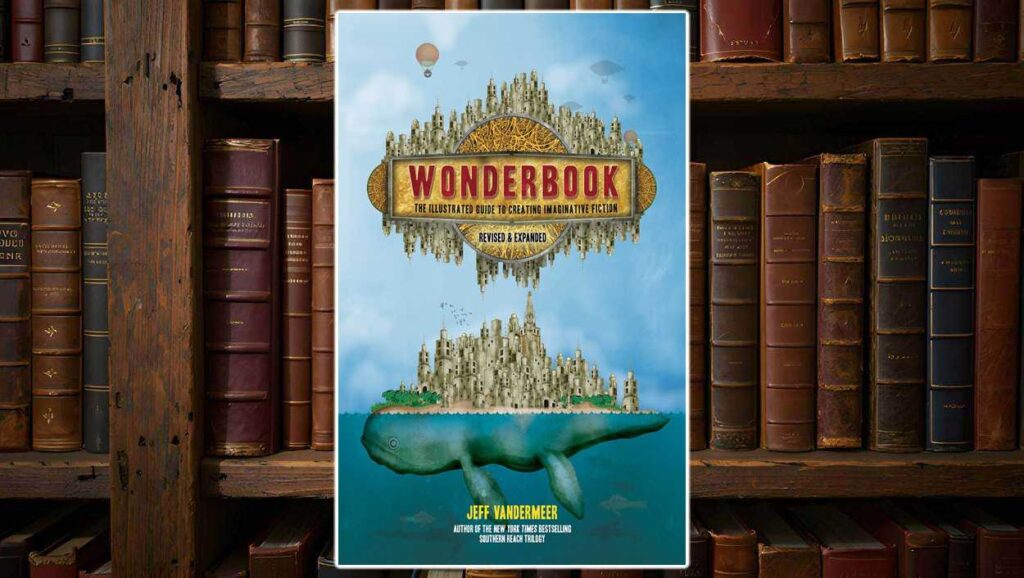Buchcover von Wonderbook von Jeff VanderMeer: Fantastisches Artwork mit einer surrealen Stadt auf dem Rücken eines riesigen Wals, der durch das Meer schwimmt. Über der Stadt schwebt eine zweite, umgedrehte Version in der Luft, gehalten von Ballons und Luftschiffen. Der Titel erscheint zentral in gold-rotem Banner: ‚Wonderbook – The Illustrated Guide to Creating Imaginative Fiction‘.