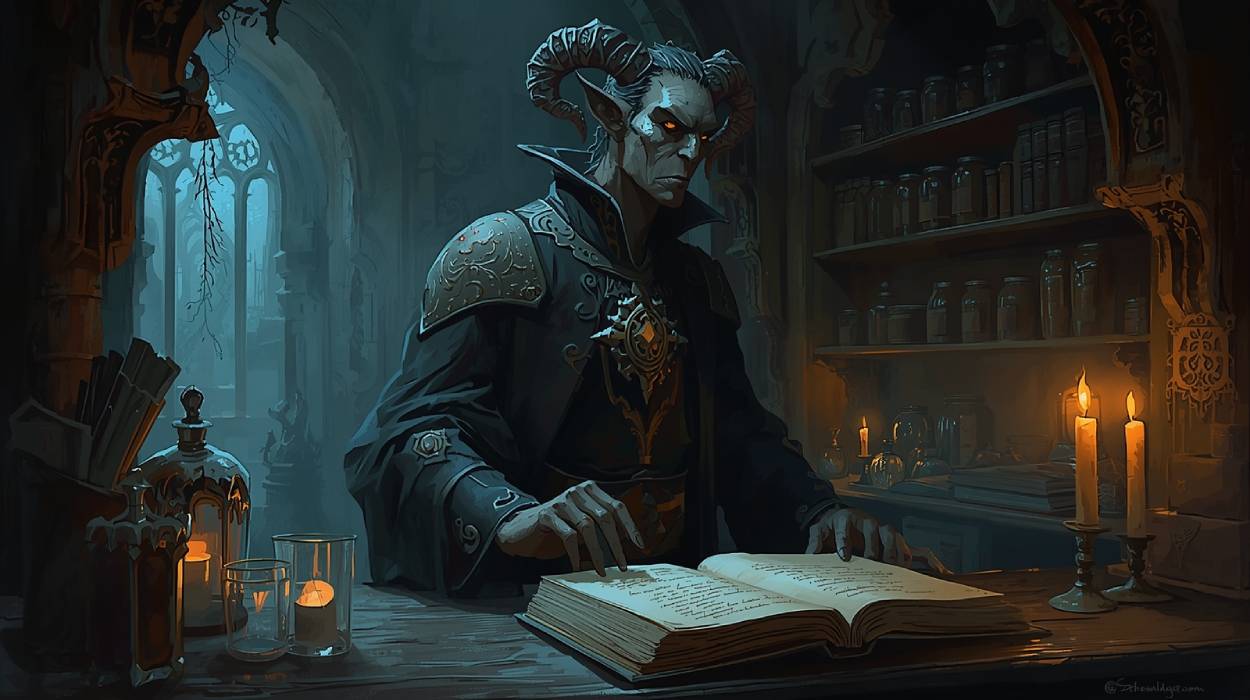 Düsterer Dämon mit Hörnern in einem schattenhaften Laden, vor ihm ein aufgeschlagenes Buch auf dem Tresen, umgeben von Kerzenlicht und Regalen voller Gläser – geheimnisvolle Dark-Fantasy-Szene.