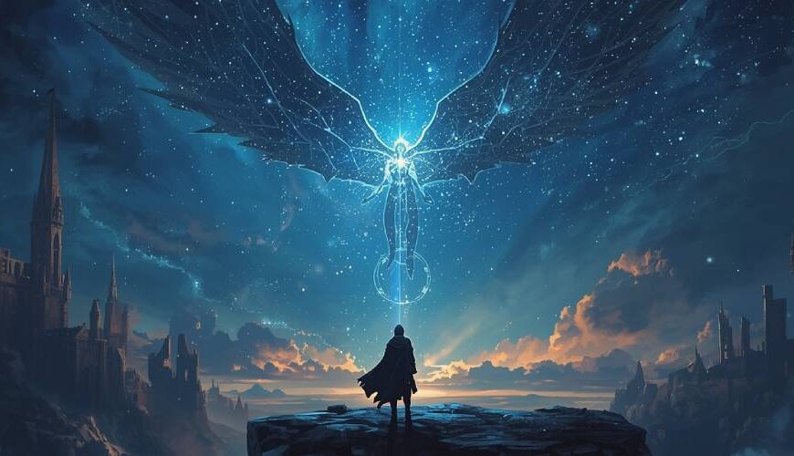 Epische Fantasy-Szene: Der Wanderer Tarian steht auf einem Felsen unter einem Sternenhimmel, während über ihm der legendäre Sternenfänger als gigantische, leuchtende Gestalt mit Flügeln aus Sternenlicht erscheint – umgeben von Ruinen und Türmen in der Ferne.