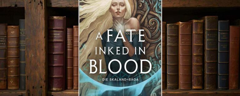 Buchcover von A Fate Inked in Blood von Danielle L. Jensen: Eine weißhaarige Frau mit entschlossenem Blick steht vor ornamentalem, nordisch anmutendem Hintergrund. Magische Lichtwellen umgeben sie. Der Titel ist in klarer weißer Schrift zentriert auf dem Bild platziert.