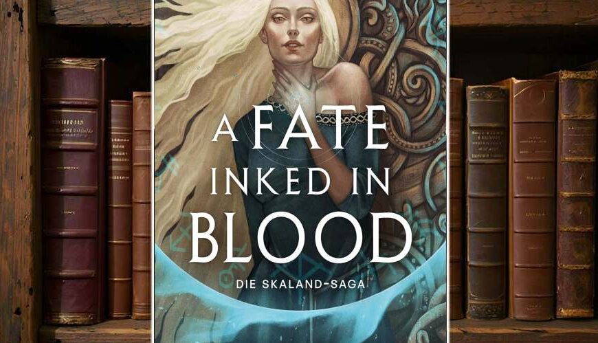 Buchcover von A Fate Inked in Blood von Danielle L. Jensen: Eine weißhaarige Frau mit entschlossenem Blick steht vor ornamentalem, nordisch anmutendem Hintergrund. Magische Lichtwellen umgeben sie. Der Titel ist in klarer weißer Schrift zentriert auf dem Bild platziert.