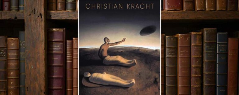 Buchcover von AIR von Christian Kracht: Zwei humanoide, bandagierte Figuren in surrealer Landschaft – eine liegend, eine sitzend mit ausgestrecktem Arm, der auf ein dunkles, schwebendes Objekt am Himmel zeigt. Der Hintergrund zeigt eine entrückte, karge Erdlandschaft unter fahlem Licht. Der Titel 'AIR' ist minimalistisch in geometrischer Schrift am unteren Rand platziert.