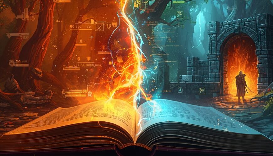 Episches LitRPG-Banner: Ein aufgeschlagenes Buch strahlt magische Energie aus, die in zwei Welten übergeht – links leuchten digitale HUD-Elemente zwischen dunklen Bäumen, rechts öffnet sich ein brennendes Dungeon-Tor mit einem Helden davor. Halb Code, halb Fantasywelt, in leuchtenden Farben.