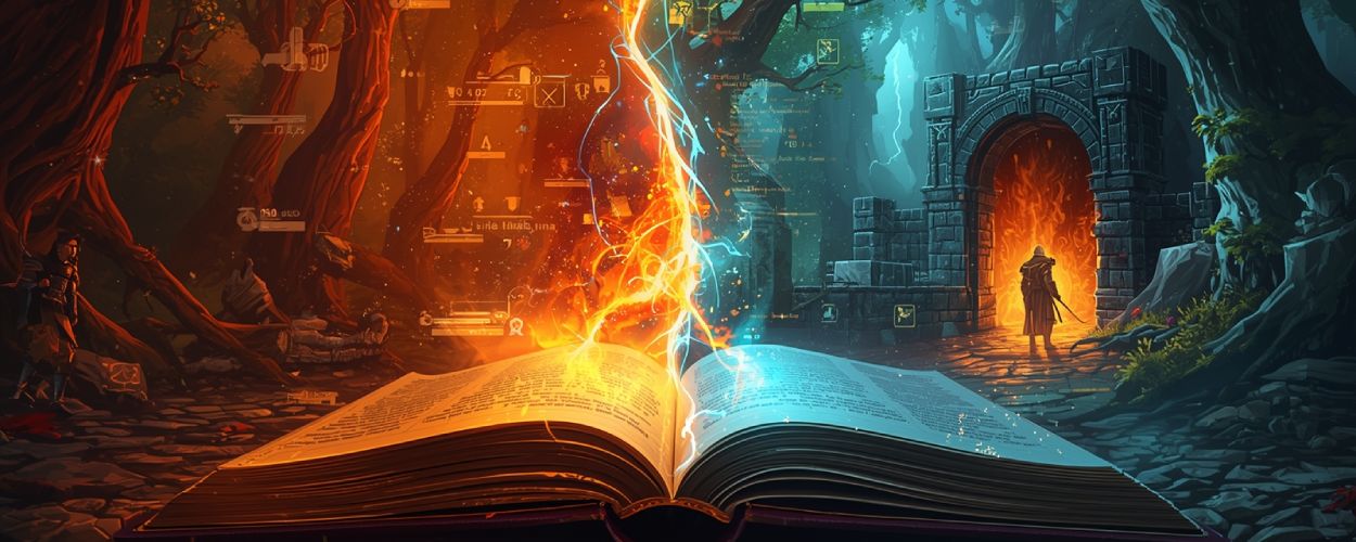 Episches LitRPG-Banner: Ein aufgeschlagenes Buch strahlt magische Energie aus, die in zwei Welten übergeht – links leuchten digitale HUD-Elemente zwischen dunklen Bäumen, rechts öffnet sich ein brennendes Dungeon-Tor mit einem Helden davor. Halb Code, halb Fantasywelt, in leuchtenden Farben.