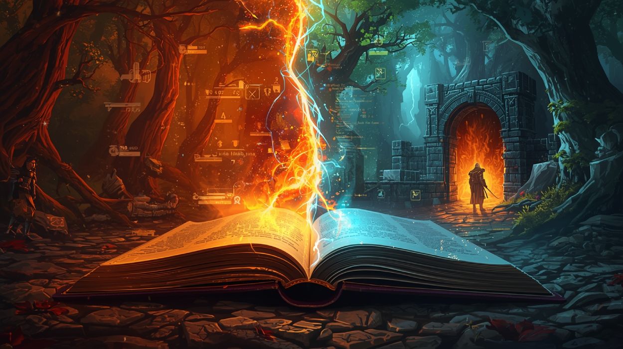 Episches LitRPG-Banner: Ein aufgeschlagenes Buch strahlt magische Energie aus, die in zwei Welten übergeht – links leuchten digitale HUD-Elemente zwischen dunklen Bäumen, rechts öffnet sich ein brennendes Dungeon-Tor mit einem Helden davor. Halb Code, halb Fantasywelt, in leuchtenden Farben.