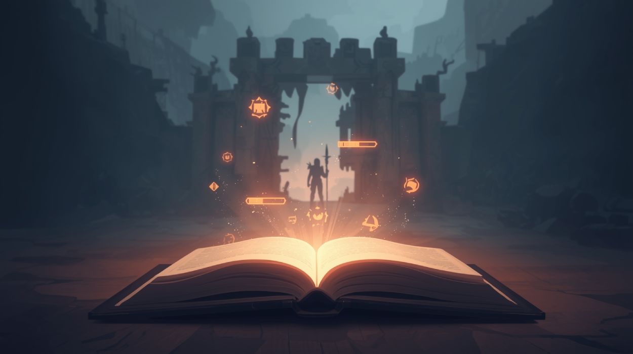 Minimalistisches LitRPG-Banner: Ein leuchtendes Buch im Vordergrund wirft Licht nach oben, aus dem dezente HUD-Symbole schweben. Dahinter ein Tor mit einem Abenteurer in Silhouette. Reduzierter, klarer Fantasy-Look, optimiert für mobile Header.