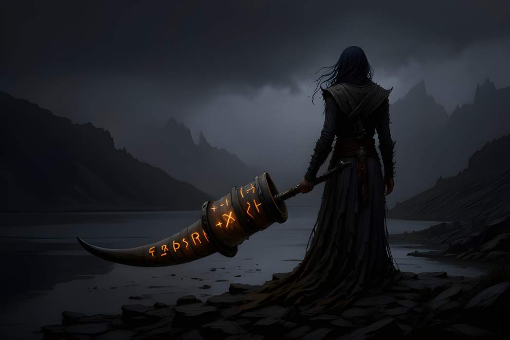 Düstere Fantasy-Szene: Eine Gestalt mit langen Haaren und dunklem Gewand steht am Ufer eines Sees inmitten von Bergen und hält ein riesiges, runenbedecktes Horn, das in glühendem Orange leuchtet – das legendäre Horn des Leviathan.