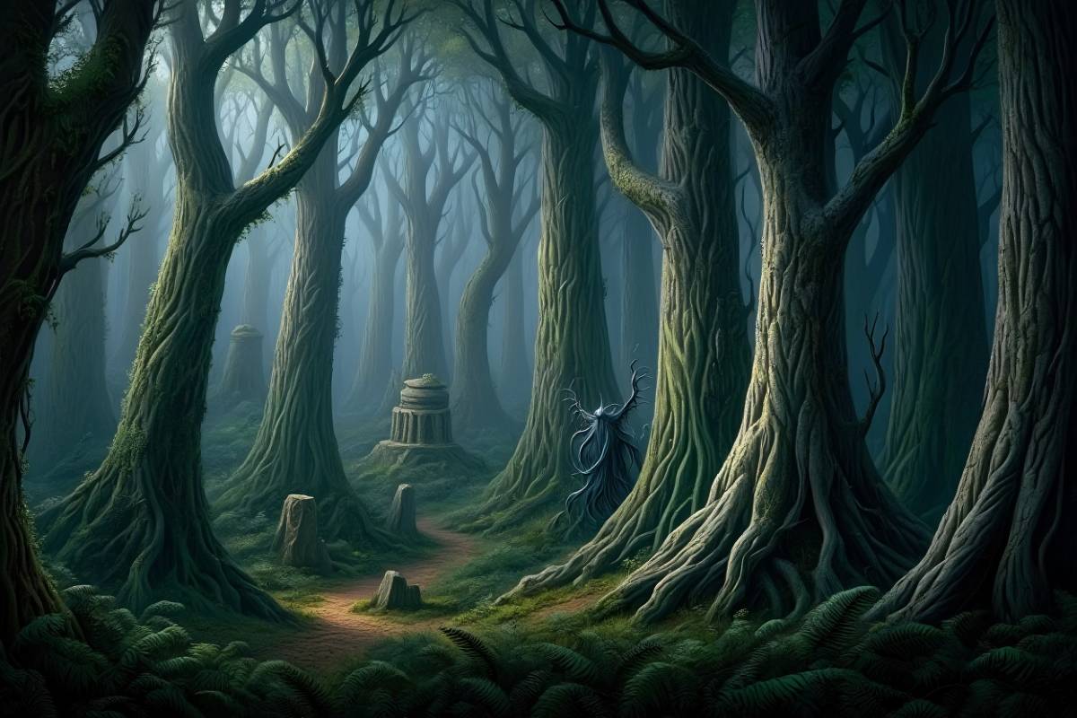 Zutritt nur den Mutigsten: Ein Bild der unheimlichen Grauen Wälder von Valenthra.