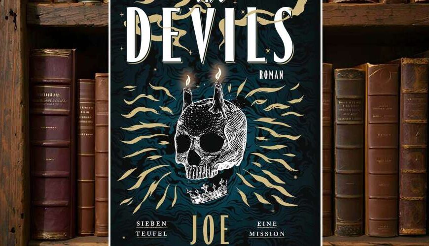 Buchcover von The Devils von Joe Abercrombie: Ein stilisierter Totenschädel mit Krone und Teufelshörnern, aus dem zwei Kerzen brennen. Flammenartige Ornamente umgeben das Bild auf dunklem Hintergrund. Der Titel in großer weißer Schrift, darunter der Slogan: ‚Sieben Teufel – Eine Mission‘. Das Cover steht vor einem Regal mit alten Ledereinbänden.