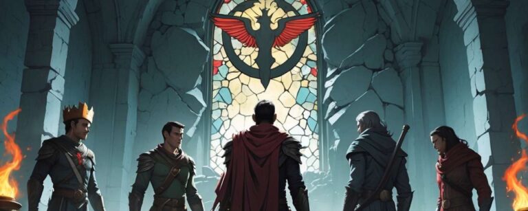 A group of five fantasy warriors stand in a ruined cathedral before a massive stained glass window depicting a phoenix. Flames burn in stone braziers, swords are drawn, and the atmosphere is tense with purpose and ancient power.
