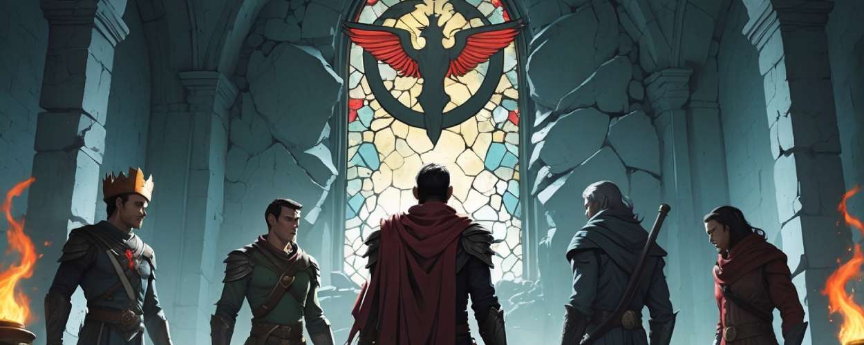 A group of five fantasy warriors stand in a ruined cathedral before a massive stained glass window depicting a phoenix. Flames burn in stone braziers, swords are drawn, and the atmosphere is tense with purpose and ancient power.