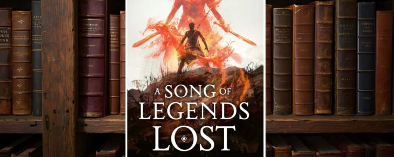 Epic book cover for “A Song of Legends Lost”: A towering flaming figure looms over a lone warrior in a scorched landscape, evoking power, magic, and destruction.