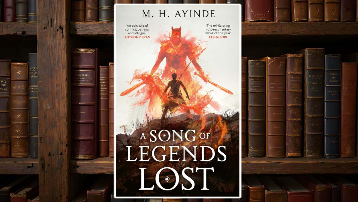 Epic book cover for “A Song of Legends Lost”: A towering flaming figure looms over a lone warrior in a scorched landscape, evoking power, magic, and destruction.