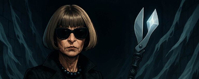Comic-Porträt von Anna Wintour im Fantasy-Stil – mit Sonnenbrille und stilisiertem Modezepter, umgeben von einem düsteren Laufsteg aus Nebel.
