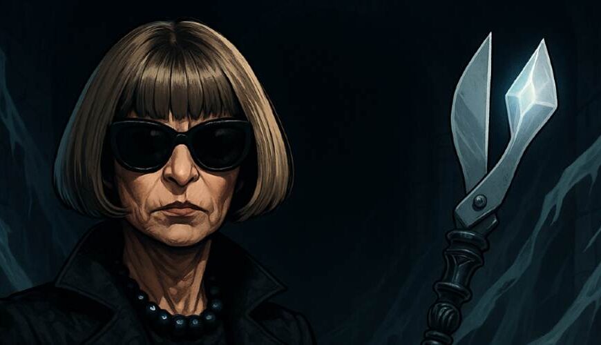 Comic-Porträt von Anna Wintour im Fantasy-Stil – mit Sonnenbrille und stilisiertem Modezepter, umgeben von einem düsteren Laufsteg aus Nebel.