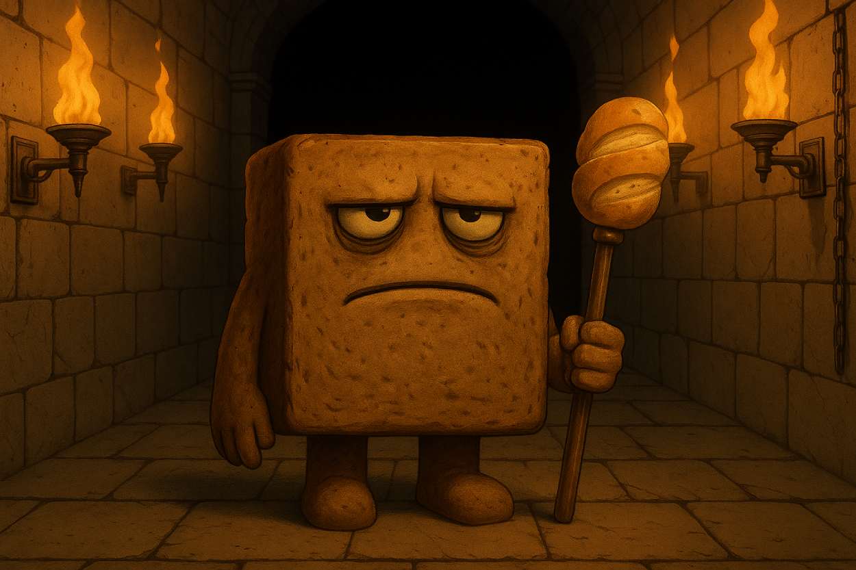 Comic-Portrait von Bernd dem Brot mit kränklichem Blick, dunklem Hintergrund und einem resignierten Hauch von Kruste.