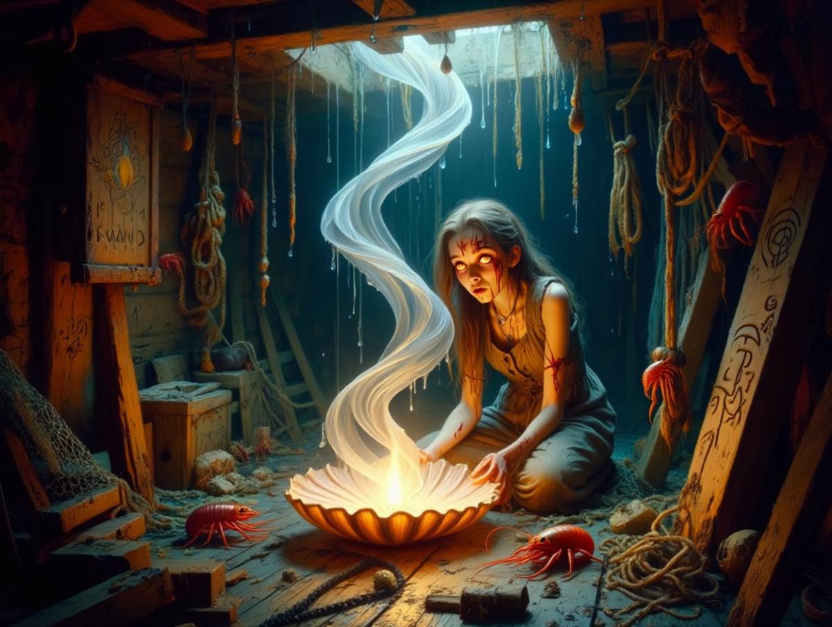 Ein Gelehrter steht mit einer brennenden Fackel inmitten einer riesigen, halbverfallenen Bibliothek. Vor ihm materialisiert sich ein mächtiger, blau leuchtender Drache mit runenbedecktem Körper. Die Wände bestehen aus meterhohen Bücherregalen, über ihnen ein zersprungener Sternenhimmel. Magische, sprachgeborene Fantasy-Szene im Stil von Magic: The Gathering.