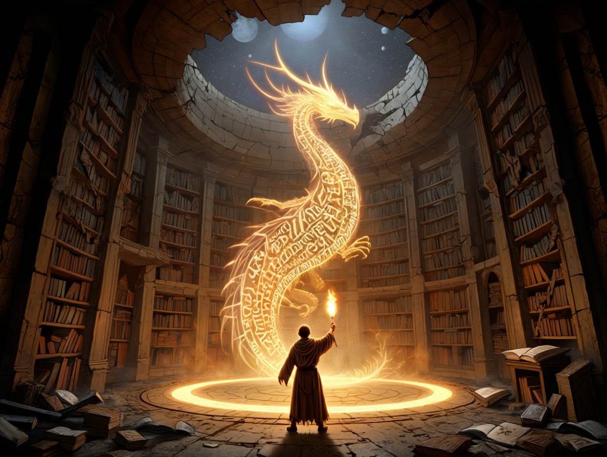 Ein Gelehrter steht mit einer brennenden Fackel inmitten einer riesigen, halbverfallenen Bibliothek. Vor ihm materialisiert sich ein mächtiger, blau leuchtender Drache mit runenbedecktem Körper. Die Wände bestehen aus meterhohen Bücherregalen, über ihnen ein zersprungener Sternenhimmel. Magische, sprachgeborene Fantasy-Szene im Stil von Magic: The Gathering.