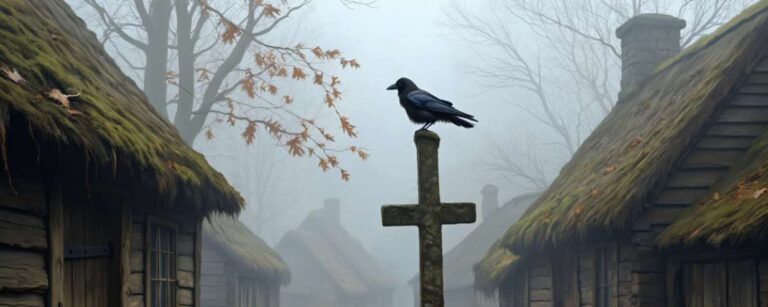 Eine schwarze Krähe sitzt auf einem moosbedeckten Kreuzstein inmitten eines nebligen Dorfes mit alten Reetdachhütten. Herbstlaub liegt auf dem Boden, während der Nebel zwischen den Hütten hängt – eine düstere, unheilvolle Stimmung liegt über der Szene.