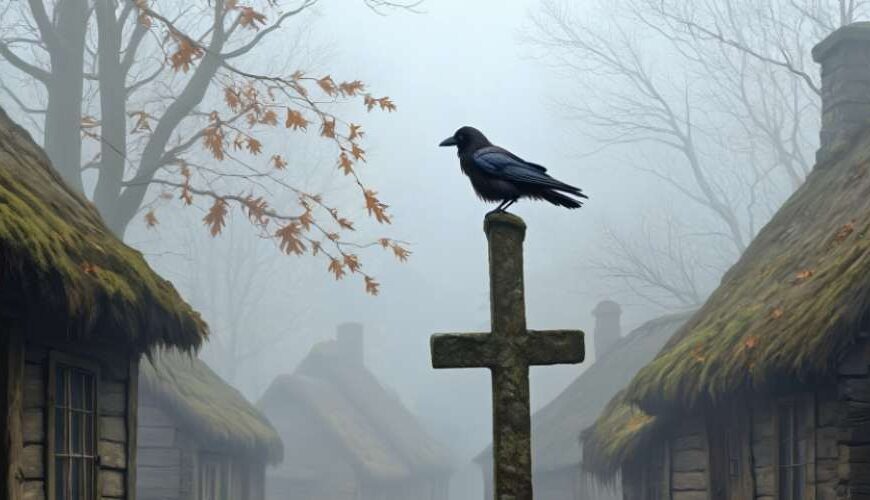 Eine schwarze Krähe sitzt auf einem moosbedeckten Kreuzstein inmitten eines nebligen Dorfes mit alten Reetdachhütten. Herbstlaub liegt auf dem Boden, während der Nebel zwischen den Hütten hängt – eine düstere, unheilvolle Stimmung liegt über der Szene.