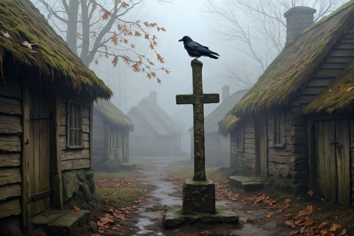 Eine schwarze Krähe sitzt auf einem moosbedeckten Kreuzstein inmitten eines nebligen Dorfes mit alten Reetdachhütten. Herbstlaub liegt auf dem Boden, während der Nebel zwischen den Hütten hängt – eine düstere, unheilvolle Stimmung liegt über der Szene.