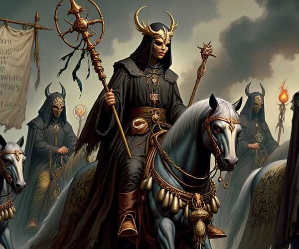 Ein düsterer Reiterzug in schwarzen Ritualroben zieht über eine verbrannte Ebene. Angeführt von einem maskierten Anführer mit Antler-Krone und Totem-Stab, folgen gesichtslose Reiter auf stummen Pferden. Bannbanner wehen hinter ihnen, die Luft ist voller Asche und Trauergesang.