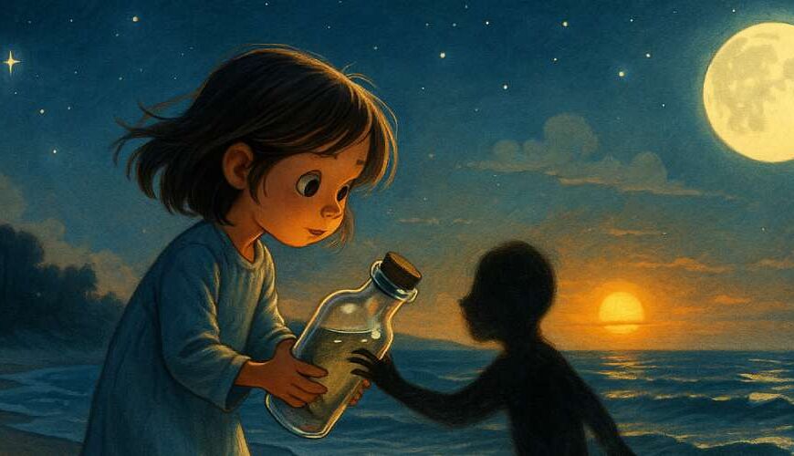 Ein Kind in Nachthemd hält am Strand eine Flasche, aus der ein schwarzer, schattenhafter Umriss eines Wesens emporsteigt – unter einem leuchtenden Vollmond und Sternenhimmel.