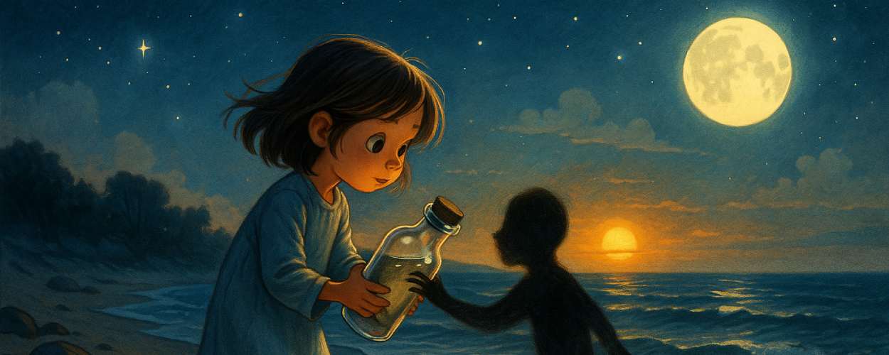 Ein Kind in Nachthemd hält am Strand eine Flasche, aus der ein schwarzer, schattenhafter Umriss eines Wesens emporsteigt – unter einem leuchtenden Vollmond und Sternenhimmel.