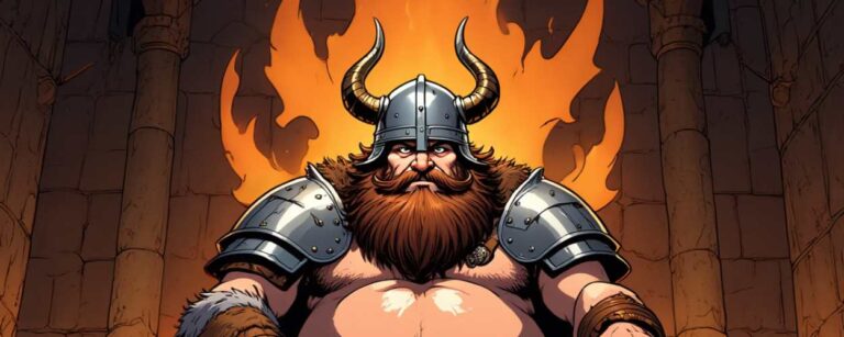 Comicartige Illustration eines beleibten Wikingers mit Rüstung und Hörnerhelm, der breitbeinig auf einem steinernen Thron sitzt. Im Hintergrund lodern Flammen, die Szene erinnert an eine heroisch-ironische Darstellung eines Fantasy-Herrschers im Stil von „Drachenzähmen leicht gemacht“.