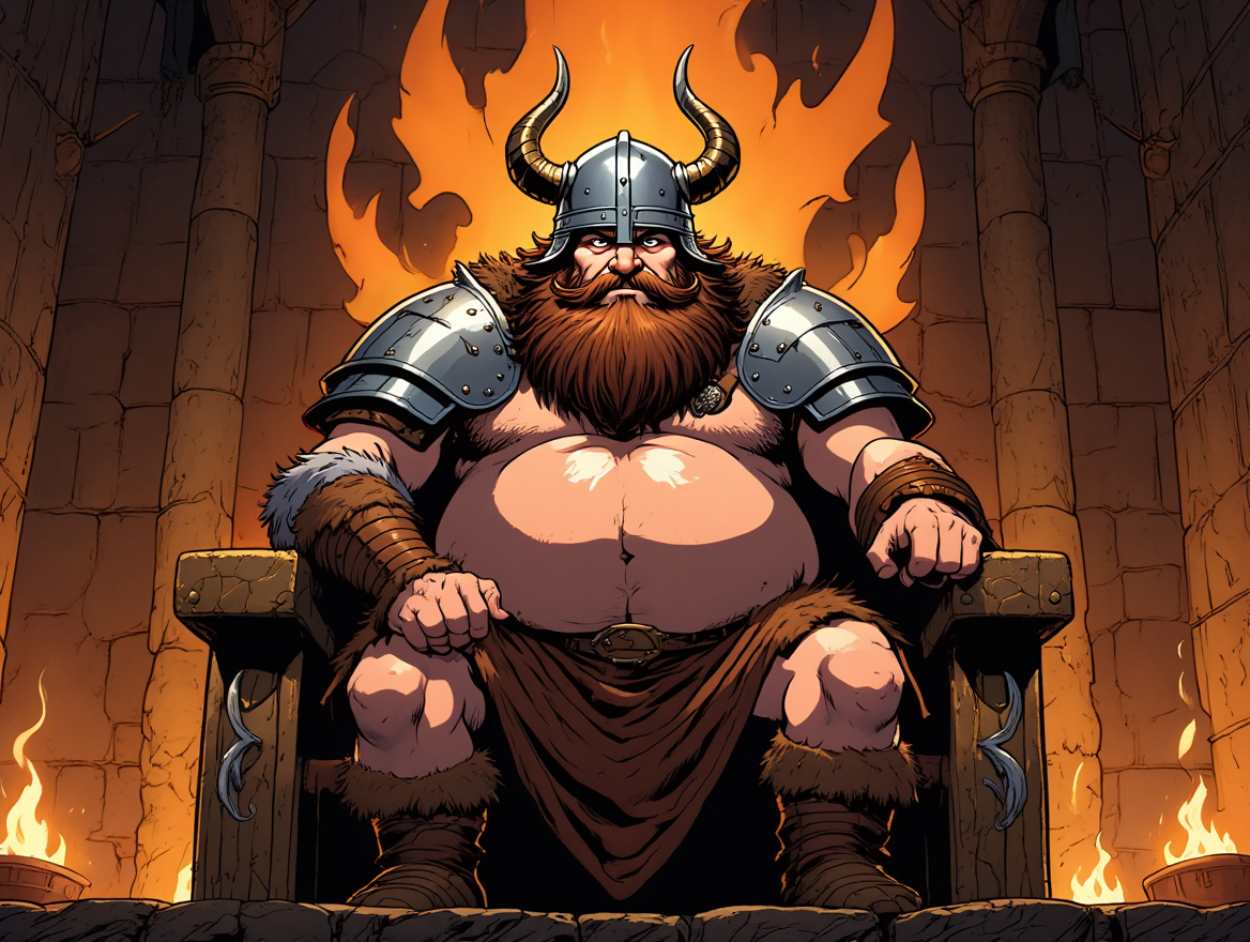 Comicartige Illustration eines beleibten Wikingers mit Rüstung und Hörnerhelm, der breitbeinig auf einem steinernen Thron sitzt. Im Hintergrund lodern Flammen, die Szene erinnert an eine heroisch-ironische Darstellung eines Fantasy-Herrschers im Stil von „Drachenzähmen leicht gemacht“.