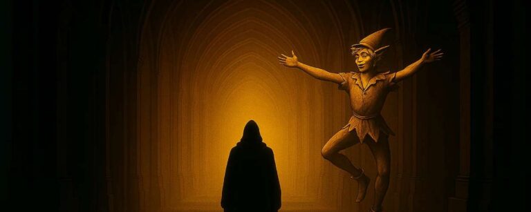 Statue eines fröhlichen Peter Pan in einer düsteren, labyrinthartigen Halle, die golden erleuchtet ist – Symbol für die verspielte, aber unheimliche Fantasy der Jahrhundertwende.