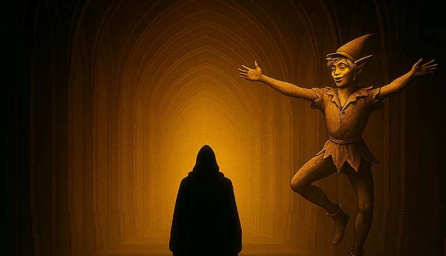 Statue eines fröhlichen Peter Pan in einer düsteren, labyrinthartigen Halle, die golden erleuchtet ist – Symbol für die verspielte, aber unheimliche Fantasy der Jahrhundertwende.