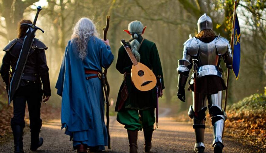 Bild: Eine Gruppe unterschiedlicher Fantasyabenteurer auf dem Weg zu einer neuen Quiest. Ein Waldweg im Hintergrund.
