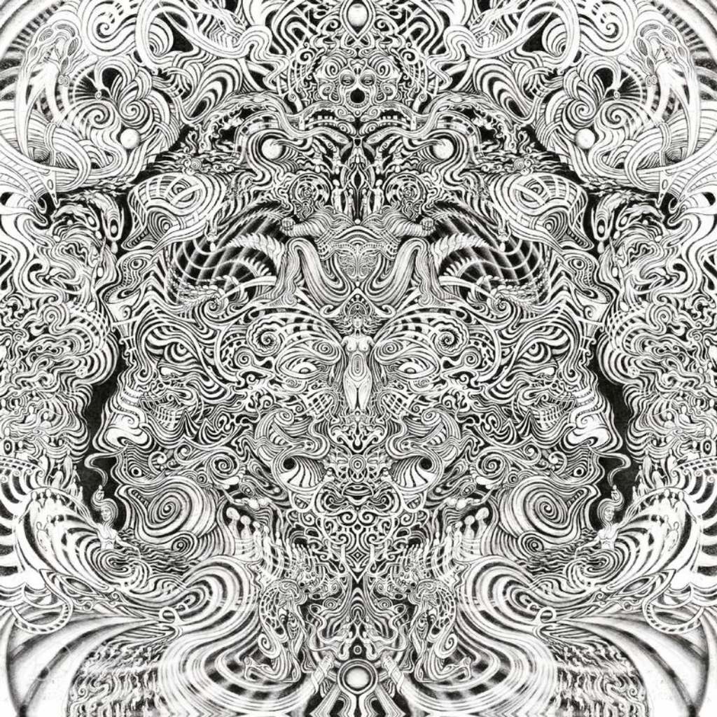 GAUPA - Fyr. Hypnotisches Schwarz-Weiß-Artwork mit stark psychedelischem Stil: In einem symmetrischen, wirbelnden Linienmuster offenbaren sich bei näherem Hinsehen Gesichter, Augen, Figuren und Ornamente – ein visuelles Labyrinth aus Bewegung, Mythologie und Wahnsinn.