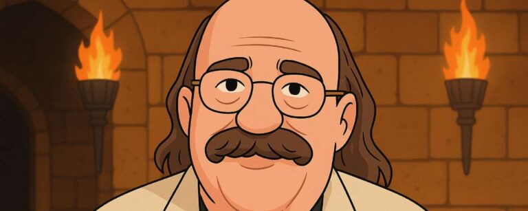 Cartoon-Porträt von Gene Wolfe in einem querformatigen Fantasy-Stil. Der ältere Mann hat ein rundes Gesicht, eine große Brille und einen markanten Schnurrbart. Er trägt ein schlichtes Sakko mit Hemdkragen. Der Hintergrund ist dezent fantasylastig gestaltet – atmosphärisch, aber zurückhaltend.