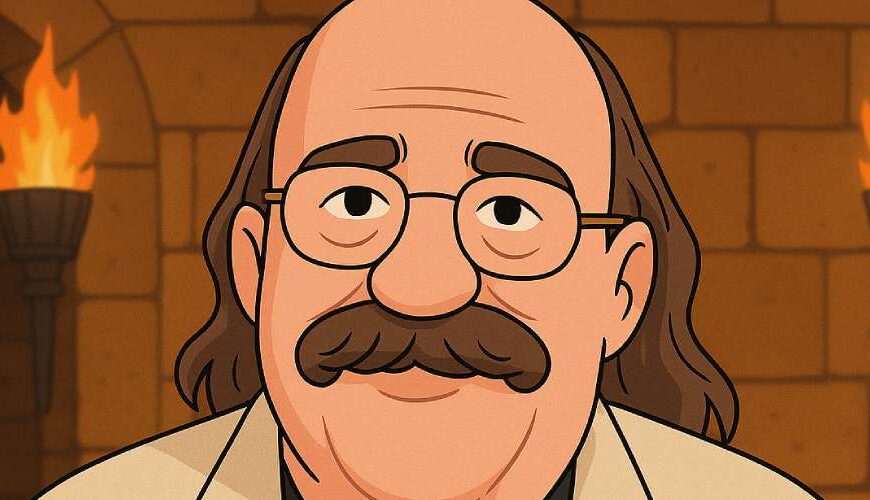 Cartoon-Porträt von Gene Wolfe in einem querformatigen Fantasy-Stil. Der ältere Mann hat ein rundes Gesicht, eine große Brille und einen markanten Schnurrbart. Er trägt ein schlichtes Sakko mit Hemdkragen. Der Hintergrund ist dezent fantasylastig gestaltet – atmosphärisch, aber zurückhaltend.