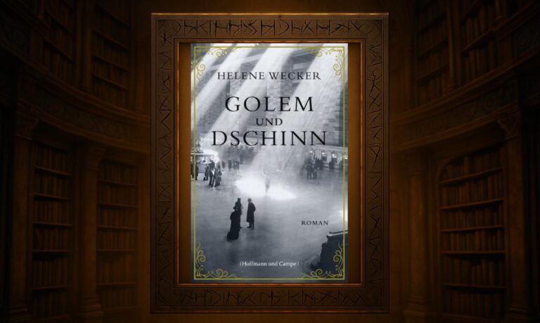 Cover des Romans „Golem und Dschinn“ von Helene Wecker: Historisierende Skyline von New York bei Nacht, darüber zwei Gestalten – eine aus Lehm, eine aus Flamme – als poetisches Motiv der Fremdheit.
