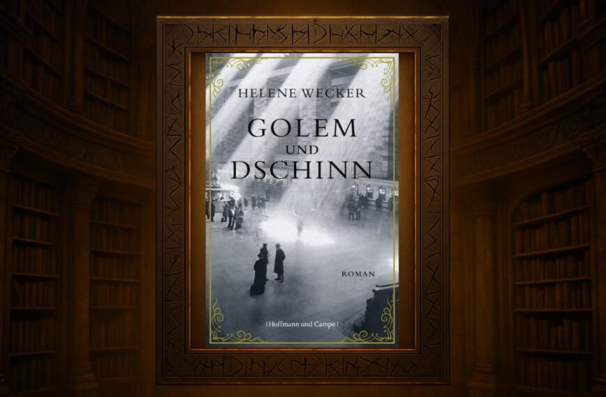 Cover des Romans „Golem und Dschinn“ von Helene Wecker: Historisierende Skyline von New York bei Nacht, darüber zwei Gestalten – eine aus Lehm, eine aus Flamme – als poetisches Motiv der Fremdheit.