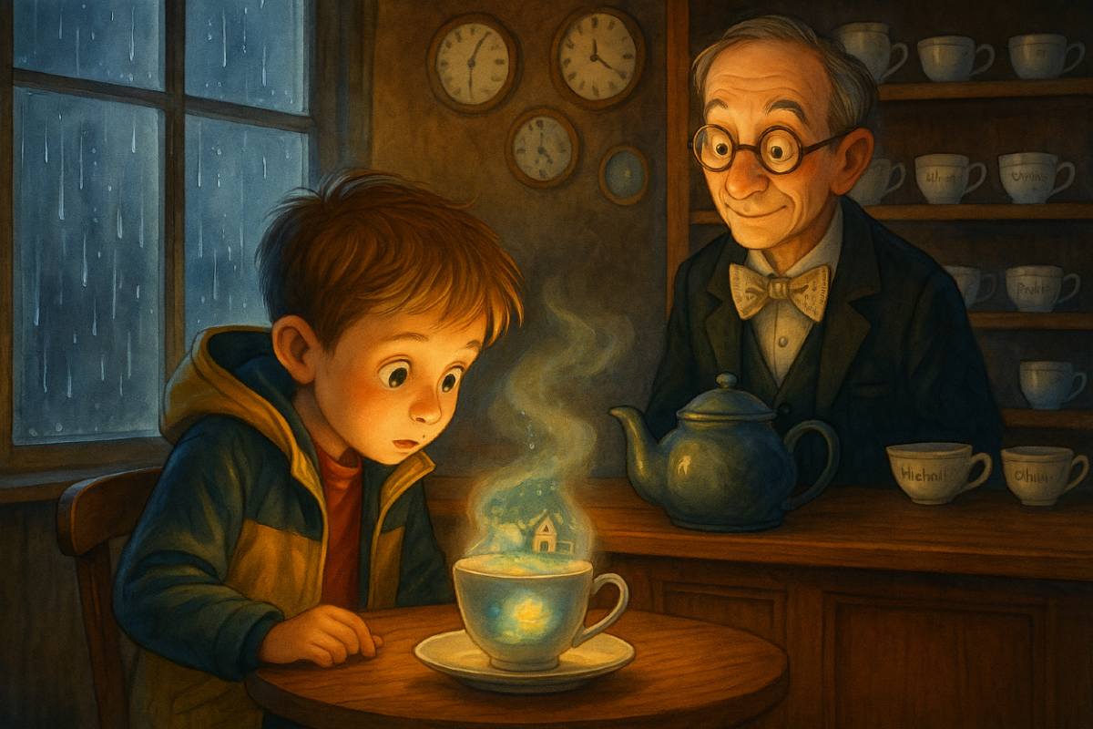 Herr Knorpel und die Erinnerung in der Tasse: Hier sitzt Jan vor seiner Teetasse aus der gerade eine Erinnerung aufsteigt- Im Hintergrund lächelt weise Herfr Knorperl, der Besitzer des Cafes.