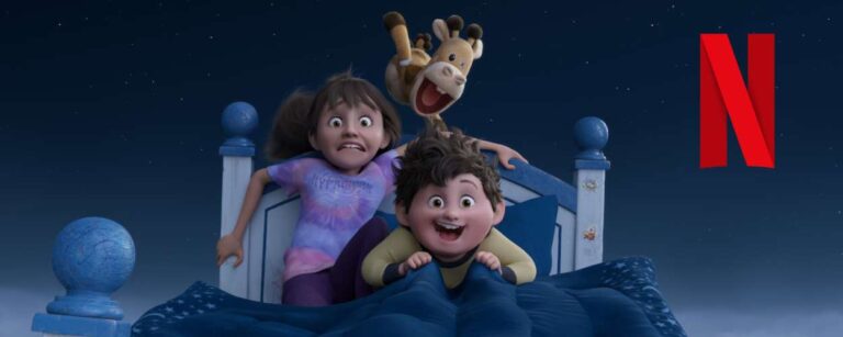 Zwei Kinder in einem fliegenden Bett blicken mit überraschten Gesichtern in die Ferne, während ein Stofftier fröhlich in die Luft springt – Szene aus dem Netflix-Animationsfilm In Your Dreams vor sternenklarem Nachthimmel mit prominentem Netflix-Logo.