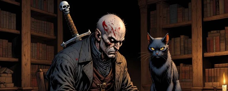 Abbildung: Grimdark Motiv. Ein abegehalfterter Zombie-Ritter und eine schwarze Katze brüten über einer antiken Karte. Motiv zu The Devils 2 von Joe Abercrombie.