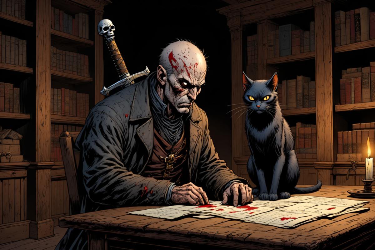 Abbildung: Grimdark Motiv. Ein abegehalfterter Zombie-Ritter und eine schwarze Katze brüten über einer antiken Karte. Motiv zu The Devils 2 von Joe Abercrombie.