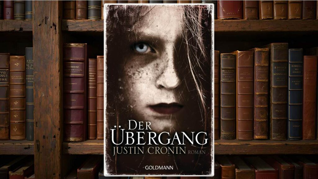 Cover von „Der Übergang“ von Justin Cronin: Silhouetten einer Brücke in der Dämmerung, im Hintergrund eine untergehende Sonne. Symbol für Niedergang, Hoffnung und Übergang in eine neue Welt.